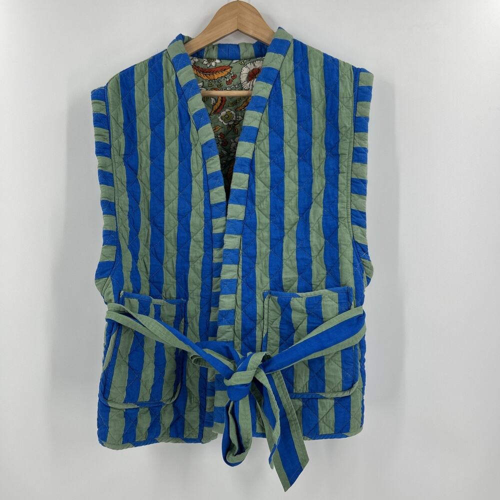 Handmade Quilted Cotton Vest Womens Size M/L Blue Green Striped Floral Boho